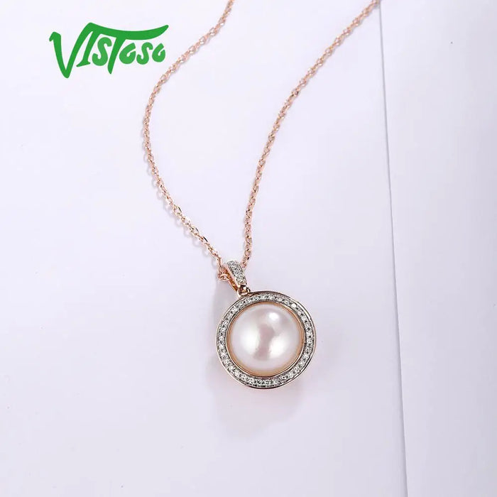 VISTOSO Gold Pendant For Women Pure 14K 585 Rose Gold Sparkling Diamond Elegant Fresh Water Pearl Pendant For Lady Fine Jewelry