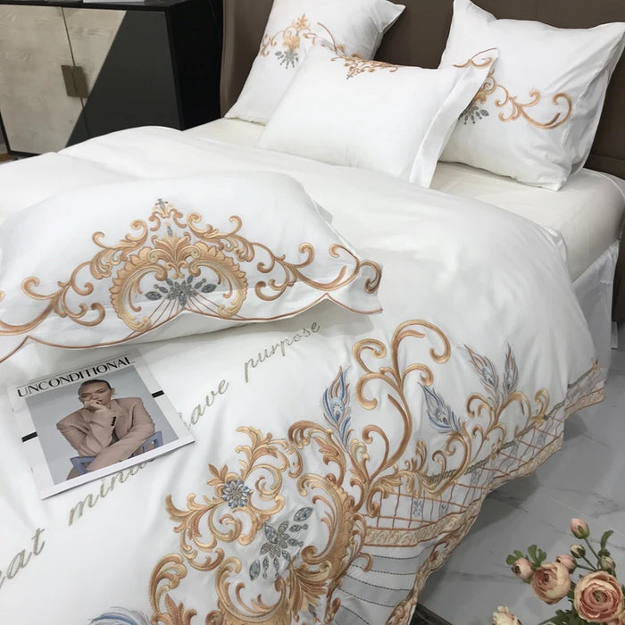 Luxury Golden Embroidery Bedding Set White Egyptian Cotton Super Soft Duvet Cover Flat/Fitted Bed Sheet Pillowcases