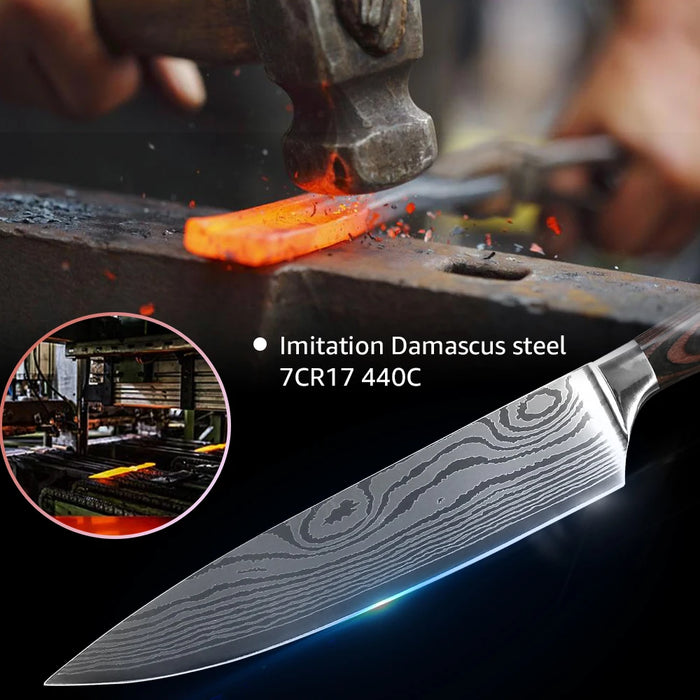 Kitchen Knife Set Damascus Laser Chef Knives 7CR17 440C Stainless Steel Japanese Meat Cleaver Slicer Santoku Cutter Cooking Tool