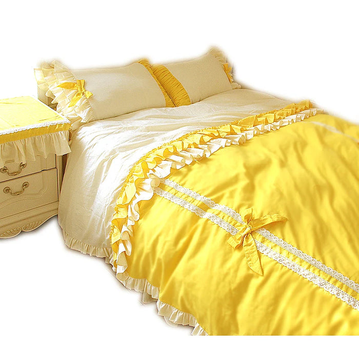 Yellow White Ruffle Bows Luxury Bedding Sets King Queen Size Cotton Princess Duvet Cover Bedsheets Sets Europe Comforter Sets