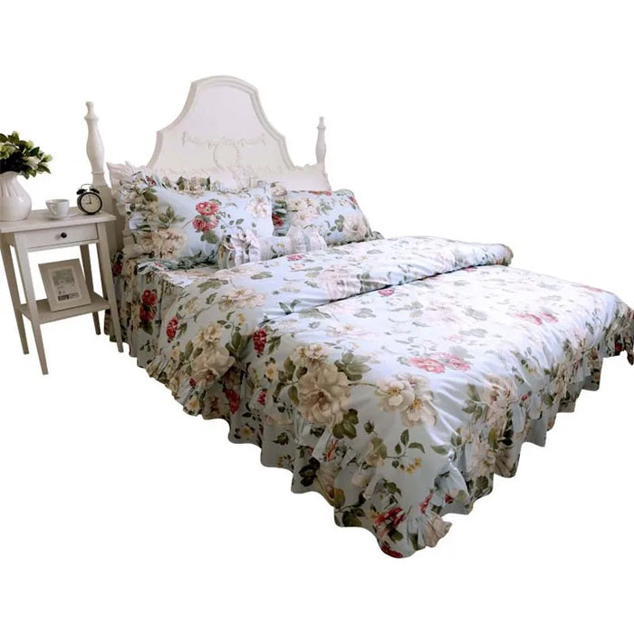 Korean 100% Cotton Floral Bedding Set Flounced Rural European Garden Cotton 4pcs Set Cake Layer Ruffles Duvet Cover King Queen