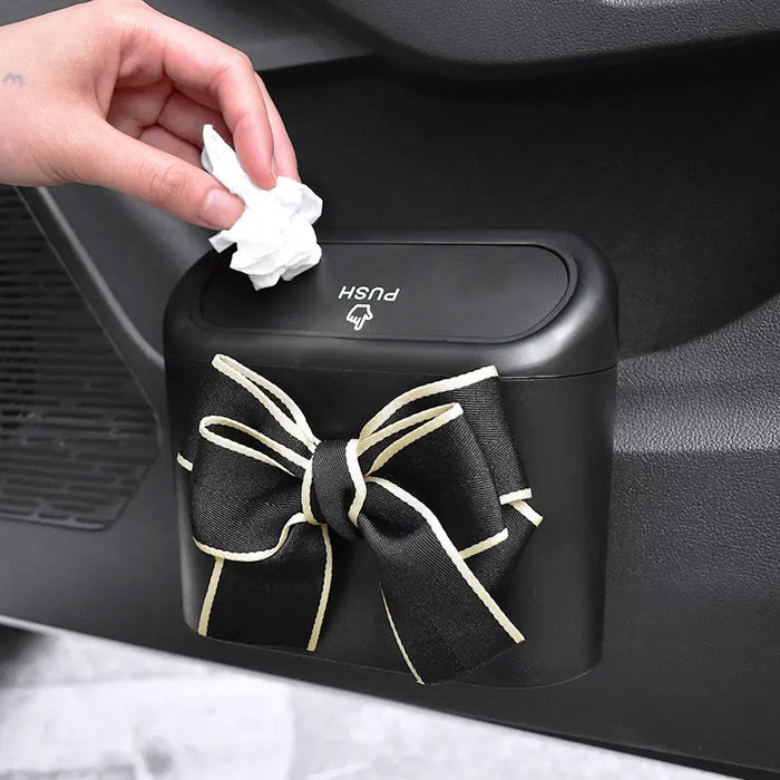 Cute Bowknot Car Trash Bin Hanging Vehicle Garbage Dust Case Storage Box Pressing Type Trash Can Auto Car Interior Accessories