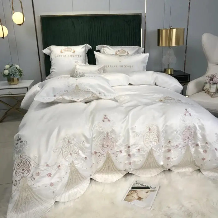 White Jacquard Bedding Set Luxury 4pcs Royal Embroidery Soft Satin Cotton Duvet Cover Fitted or Flat Bed Sheet Pillowcases