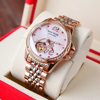 Reef Tiger Top Brand Lady Watches Luxury Flower Diamond Women Rose Gold Bracelet Automatic Watches Relogio Feminino RGA1583