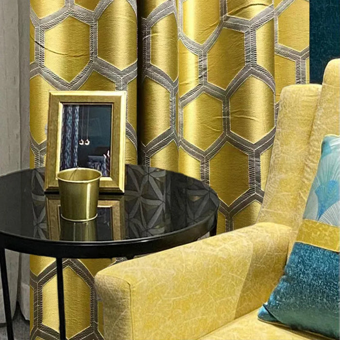 Luxury Gold Geometric Pattern Blackout Curtains for Living Room Finished  Jacquard Golden Curtain Drapes for Villa Cafe