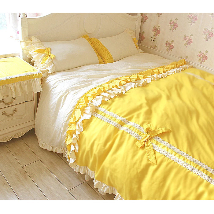 Yellow White Ruffle Bows Luxury Bedding Sets King Queen Size Cotton Princess Duvet Cover Bedsheets Sets Europe Comforter Sets