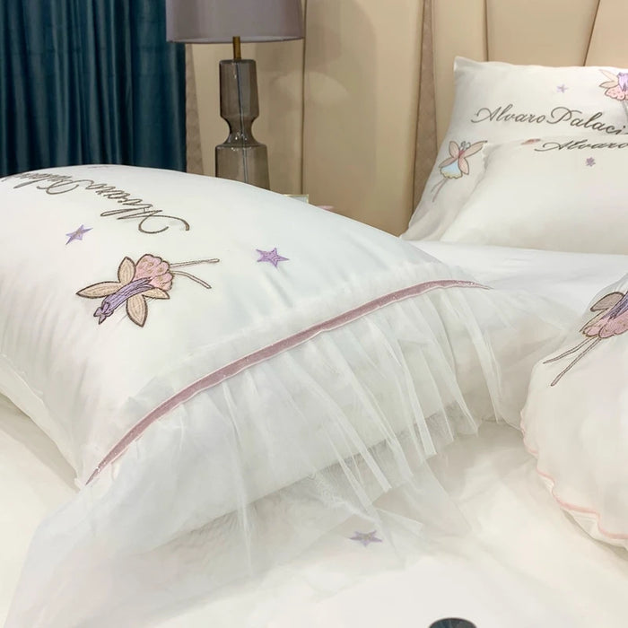 Korean White Floral Embroidery Lace Princess Bedding Set Luxury Egyptian Cotton Duvet Cover Bed Sheet Bedspread Pillowcases