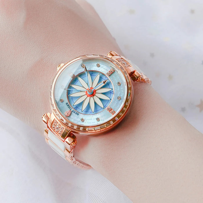 Reef Tiger/RT Fashion Lily Women Watch Rose Gold Diamonds Bezel Lady Automatic Watches Relogio Feminino RGA1599