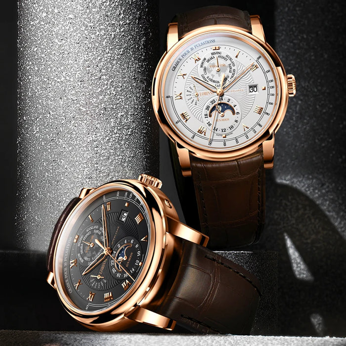 Switzerland LOBINNI Men Watch Luxury Brand Moon Phase Automatic Mechanical Men's Wirstwatches Sapphire Leather Seagull Movement