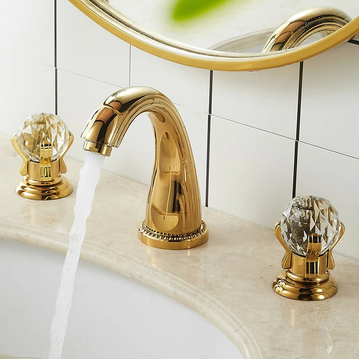 Basin Faucets Mixer Gold Brass Bathroom Sink Faucet 3 Holes Crystal Double Handle Hot and Cold Water Gold Bathroom Bathtub Taps