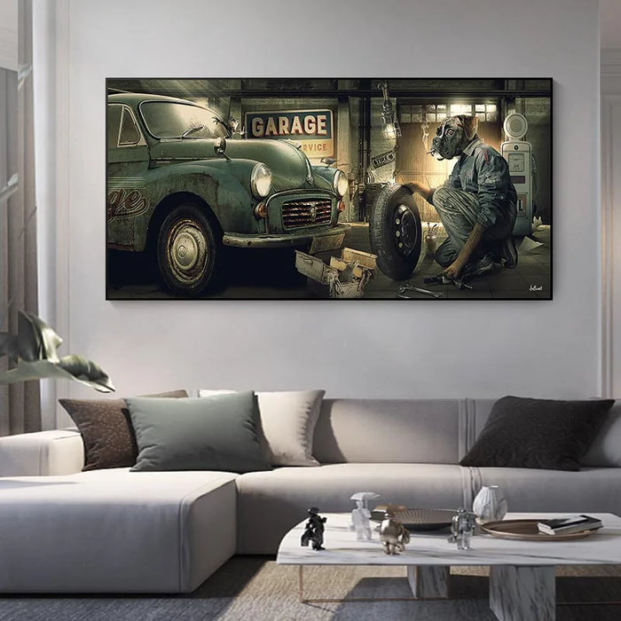 Dog Repairing The Car Pictures Print Canvas Cool Bulldog Art Posters and Prints Modern Wall Pictures for Living Room Home Decor