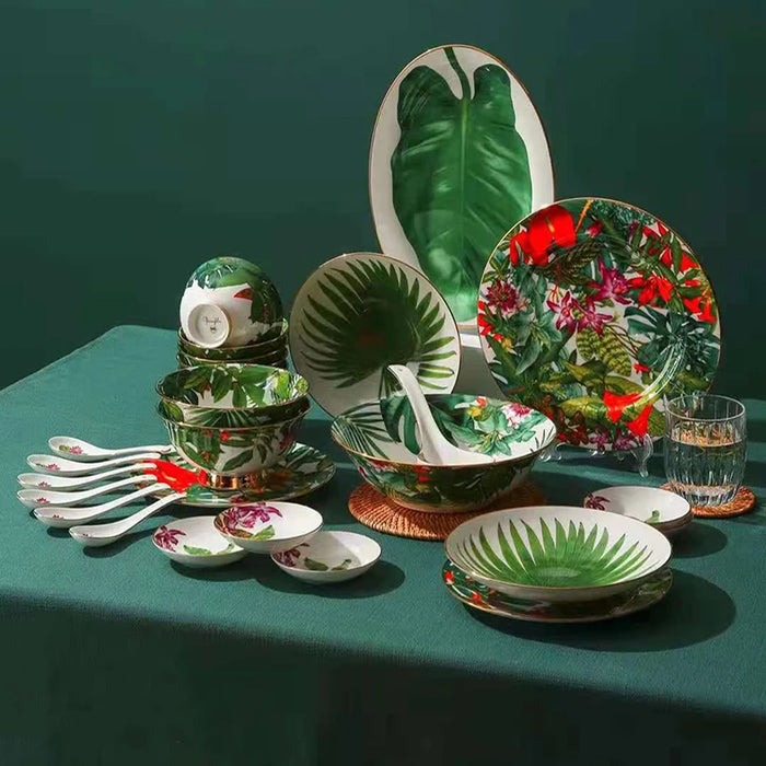 Dinnerware Set Jungle Tableware Set Bone China Big Fish Plate Soup Bowl 28pcs /set Golden Rim Rice Bowl Flat Plate Flower Design