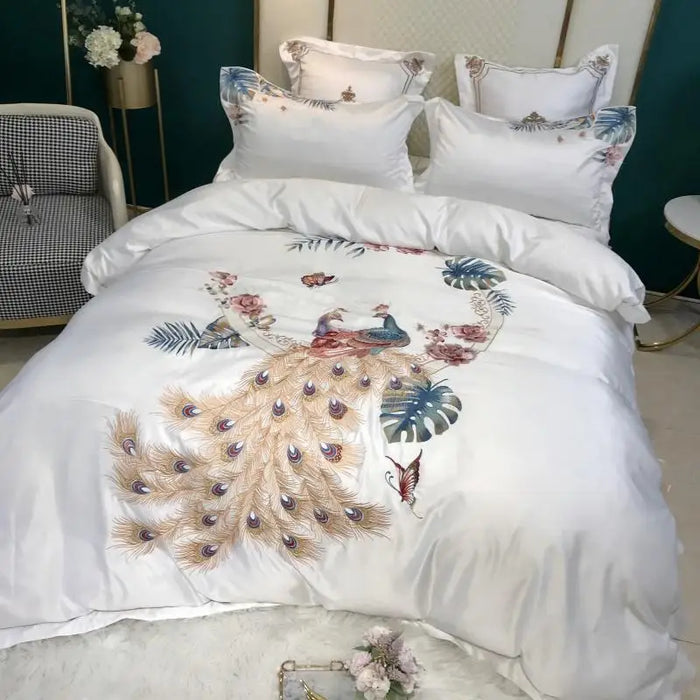 White Flower Bird Embroidery Bedding Sets 4pcs Satin Cotton Duvet Cover Fitted Bed Sheet Bedspread Pillowcase Home Textile