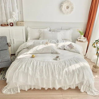 White Duvet Cover with Exquisite Ruffles Elegant Double Layers Lace Fringe Premium Egyptian Cotton Bedding Bed Sheet Pillowshams