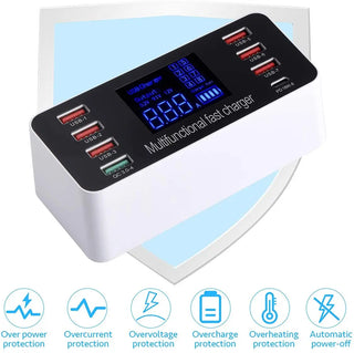 8 Port USB Type C Charger Smart LED Display Quick Charge 3.0 USB Fast Charging Adapter 40W with Smart IC Travel Charger