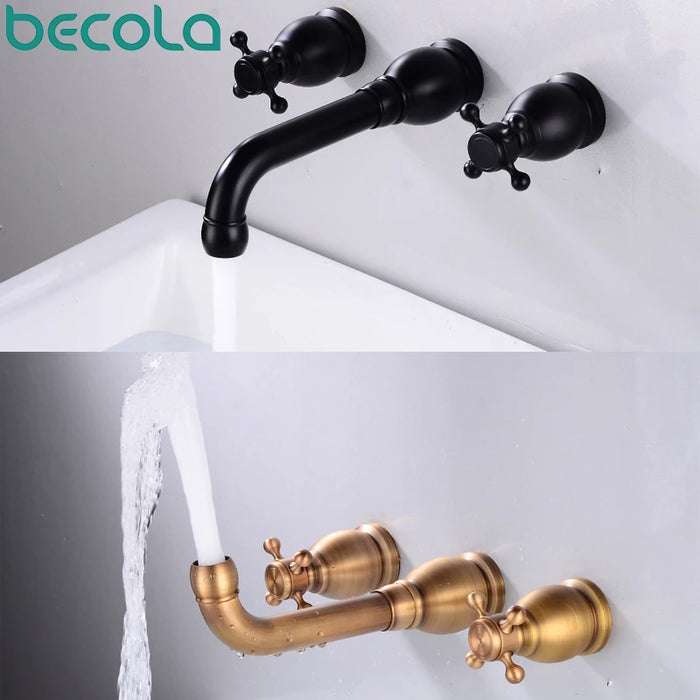 Becola Basin Set 3 Hole Antique/Black Brass Double Cross Handle Wall Mounted Bathroom Sink Faucet Hot Cold Tap In-Wall