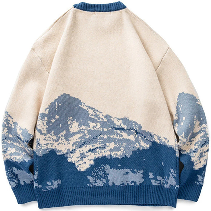 Men Hip Hop Streetwear Harajuku Sweater Vintage Japanese Style Snow Mountain Knitted Sweater Winter Casual Pullover Knitwear