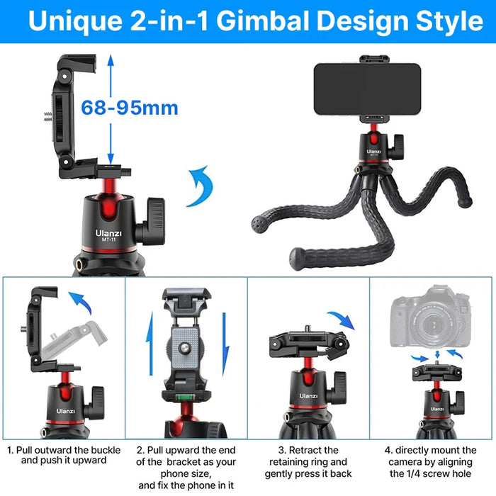 Ulanzi MT-11 Flexible Octopus Tripod Smartphone DSLR SLR Vlog Tripod Travel Portable 2 in 1 Tripod Extend 1/4 Screw Magic Arm