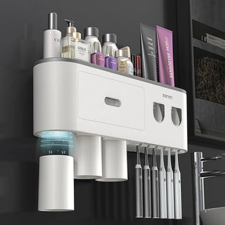 Wall-mounted Toothbrush Holder With 2 Toothpaste Dispenser Punch-free Bathroom Storage For Home Waterproof Bathroom Accessories