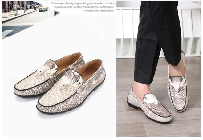 Real Genuine python skin leather with snake head  men fashion shoe sneaker flat leisure shoe with cow lining beige colors