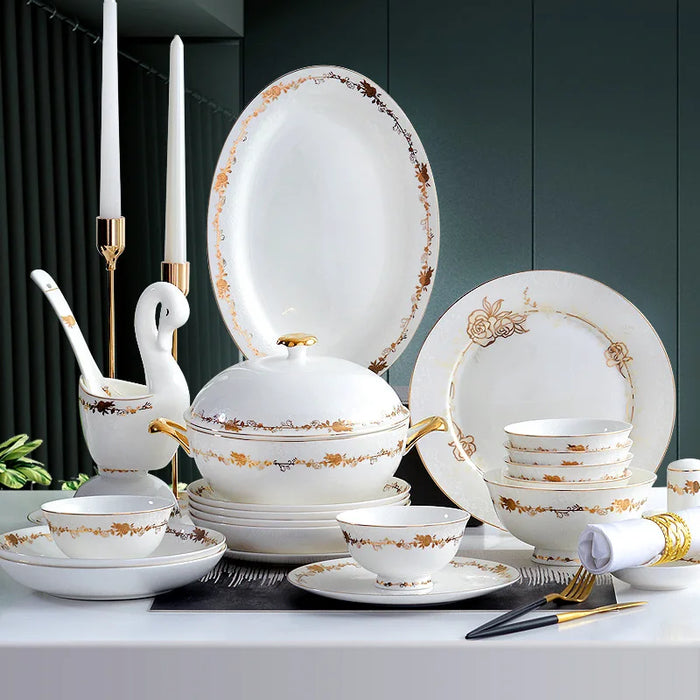 Bone china tableware set, bowl and dish set, European household creative ceramic bowl and plate, wedding gift