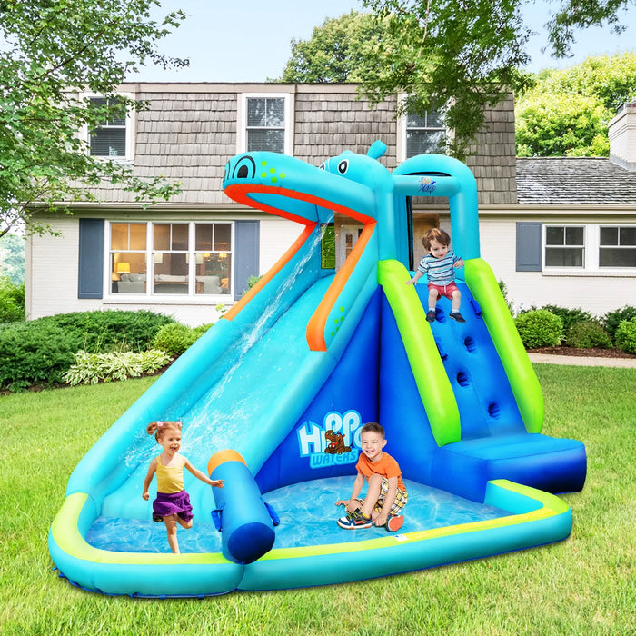 Inflatable Kids Hippo Bounce House Slide Climbing Wall Splash Pool w/740W Blower