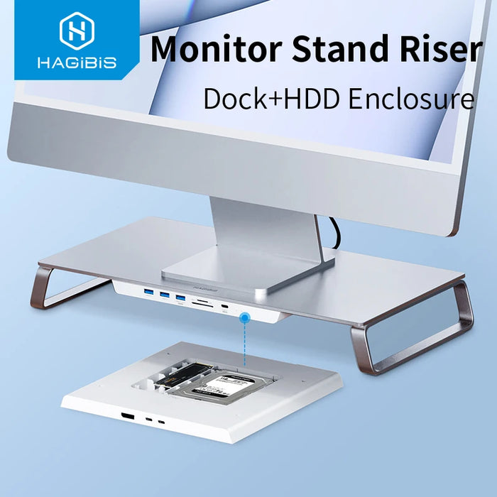 Hagibis Monitor Stand Riser USB-C Hub with Dual Hard Drive Enclosure for Mac Mini M1 iMac 2021 Macbook Pro PC Laptop Desk Holder