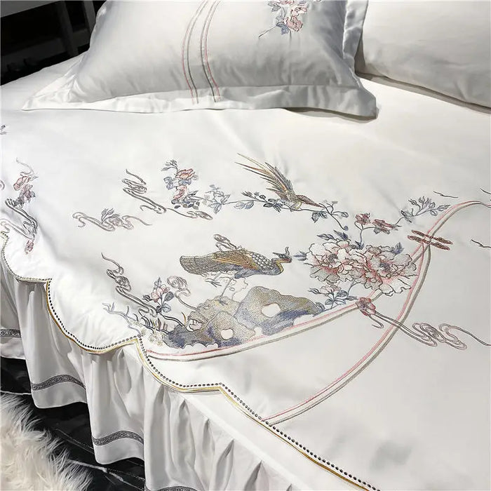 Flowers Birds Embroidery Duvet Cover Bed Sheet Pillowcases White Satin Cotton Solid Bedding Bedspread Bed Skirt Set Luxury