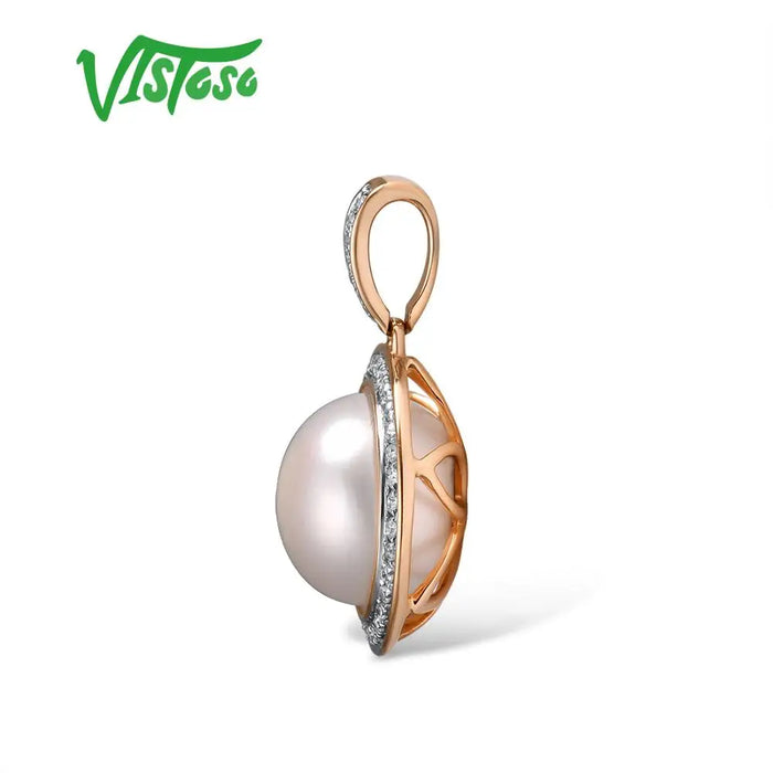 VISTOSO Gold Pendant For Women Pure 14K 585 Rose Gold Sparkling Diamond Elegant Fresh Water Pearl Pendant For Lady Fine Jewelry