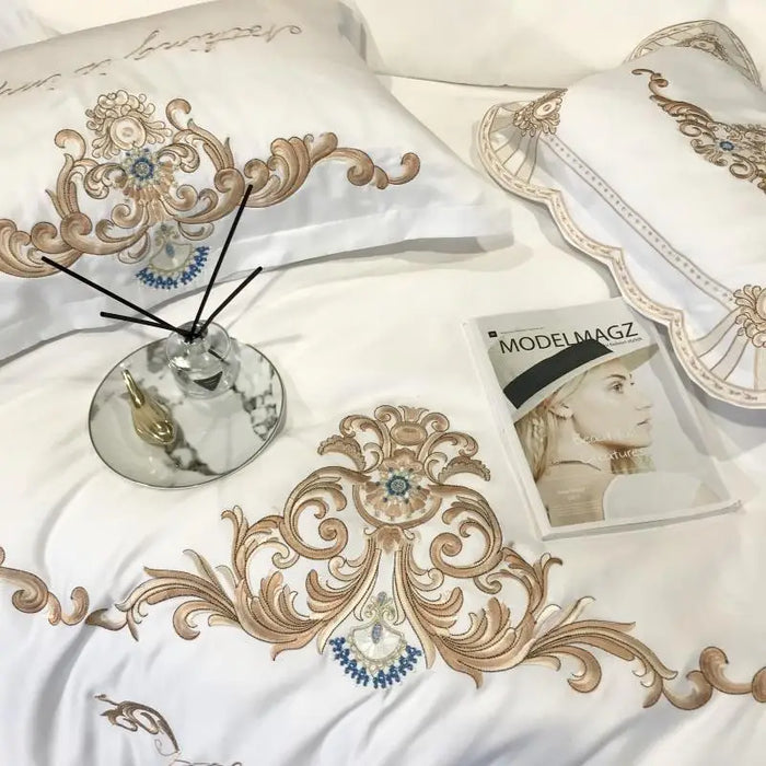 White Satin Cotton Bedding Sets Luxury Gold Embroidered Quilt/Duvet Cover Flat/Fitted Bed Sheet Pillowcase Queen King Size