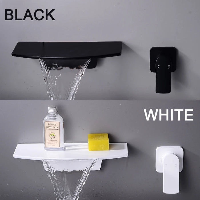 BECOLA Modern Wall-Mount Mixer Tap Sink Faucet Mixer Waterfall  Bath With Large Shelf Platform Matte Black&White Basin Faucets