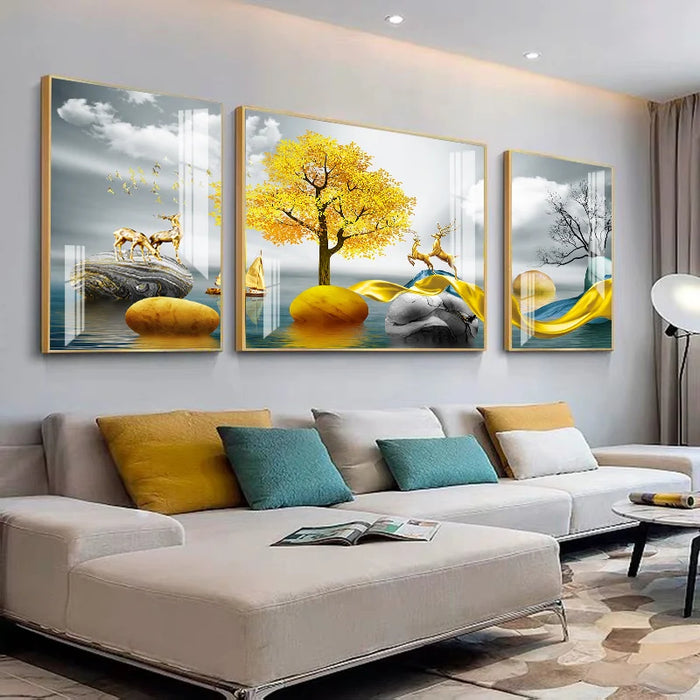 TTLiving RoomDecorative Painting Modern Minimalist Sofa Wall PaintingAtmospheric Crystal Porcelain Painting Three-Piece Painting