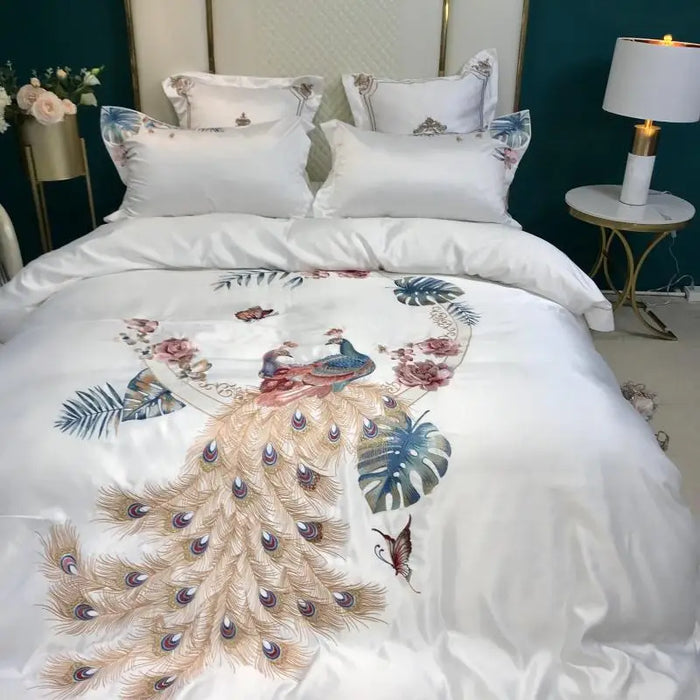 Solid Color Flowers Birds Embroidery Bedding Set Luxury White Satin Duvet Cover Bed Sheet Bedspread Pillowcases Home Textile