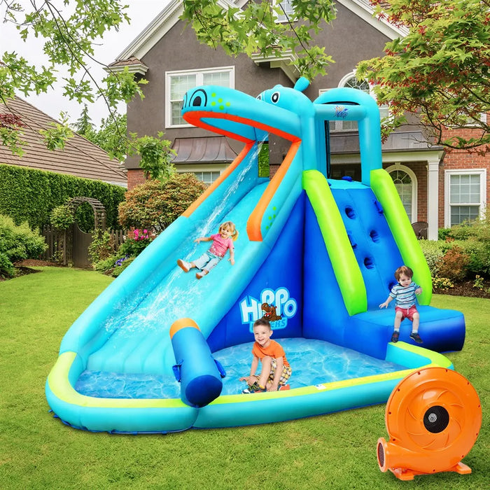 Inflatable Kids Hippo Bounce House Slide Climbing Wall Splash Pool w/740W Blower