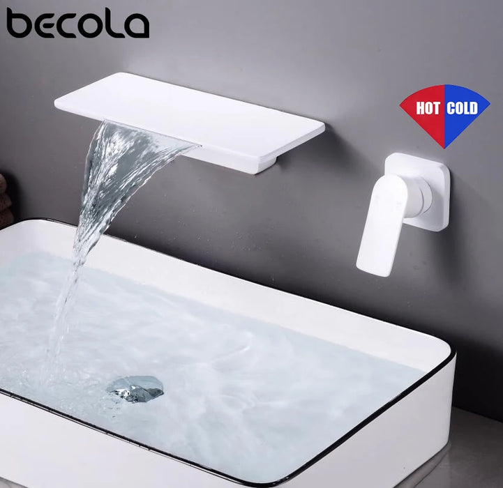 BECOLA Modern Wall-Mount Mixer Tap Sink Faucet Mixer Waterfall  Bath With Large Shelf Platform Matte Black&White Basin Faucets