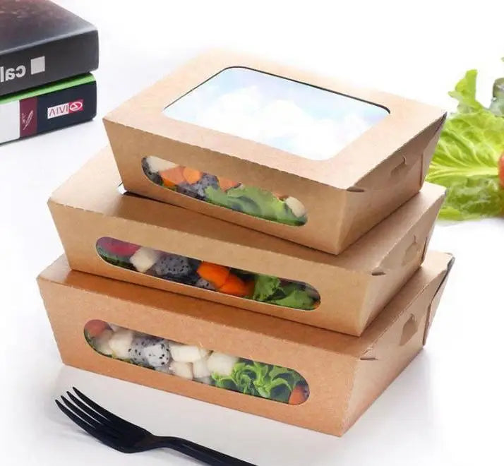 3 Size Kraft Paper Salad Box Disposable Water Proof Takeaway Lunch Fruit Box Camping Supplies Dinnerware Wholesale