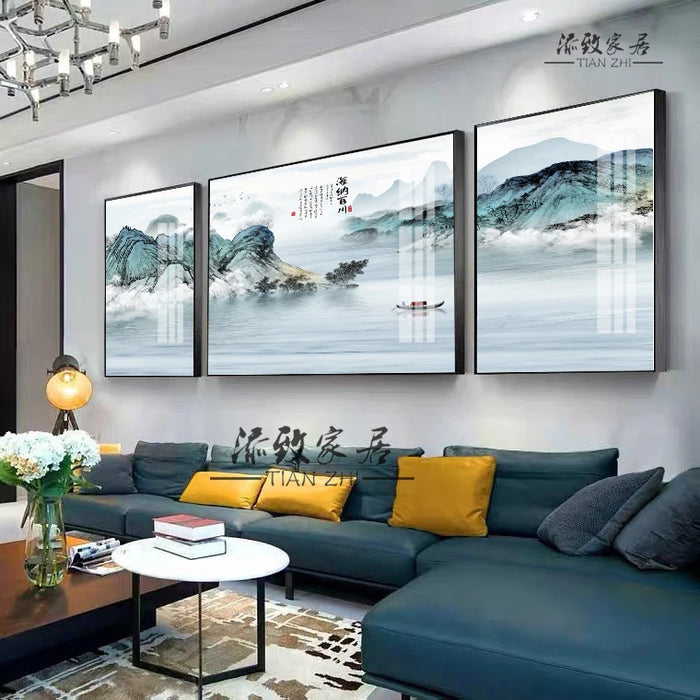 Tt Chinese Painting Living Room Decorative Painting Chinese Landscape Sofa Wall Painting Three-Piece Painting Haina All Rivers