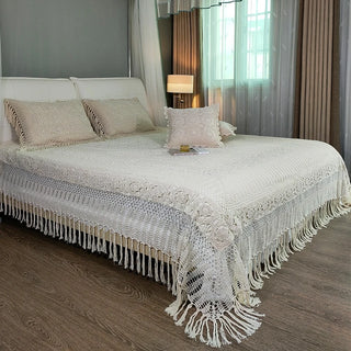 Crochet Handmade Luxury 100%cotton Bedding 3pcs Set KING White BedCover Coverlet Sets Bed Sheet Pillowcase Beige Bedspread