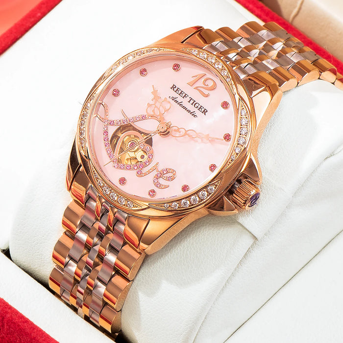 Reef Tiger Top Brand Lady Watches Luxury Flower Diamond Women Rose Gold Bracelet Automatic Watches Relogio Feminino RGA1583