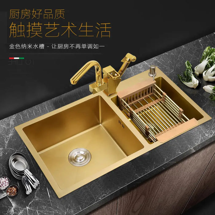 Home Improvement Nano-coating Sinks Vegetable Washing 304stainless Steel Kitchen Sinks Gold Double Bowl With Tap Above Counter