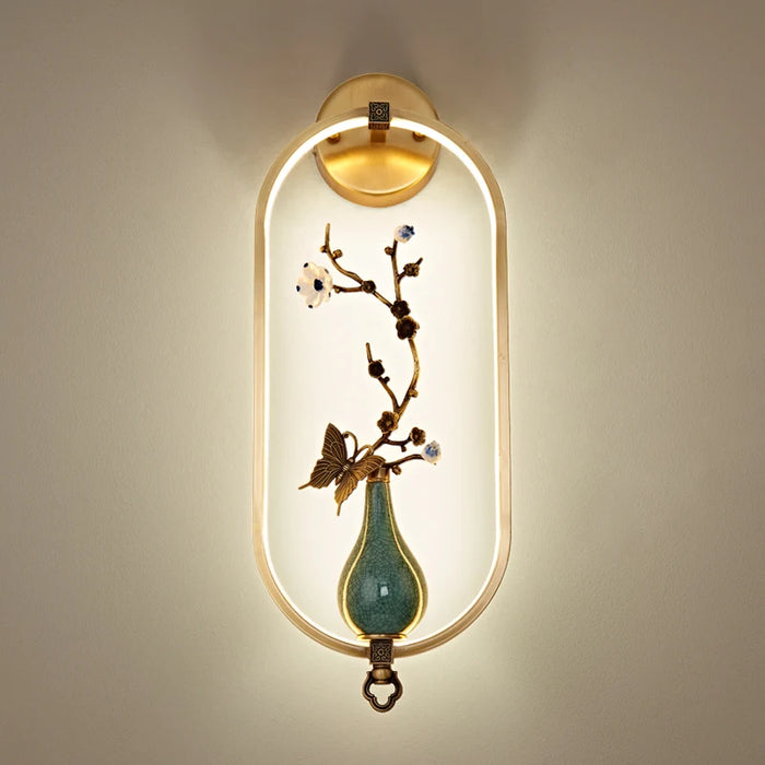 Chinese Tradition Hotel Decoration Wall Lamp Aisle Living Room Wall Light Bedroom Bedside Sconce Vase Enamel Passageway Copper