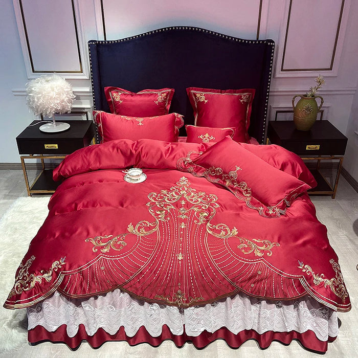 Brand Luxury Satin Egyptian Cotton Bedding Set Gold Embroidery Europe Palace Duvet Cover Bedsheet Lace Bed Skirt Pillowcase