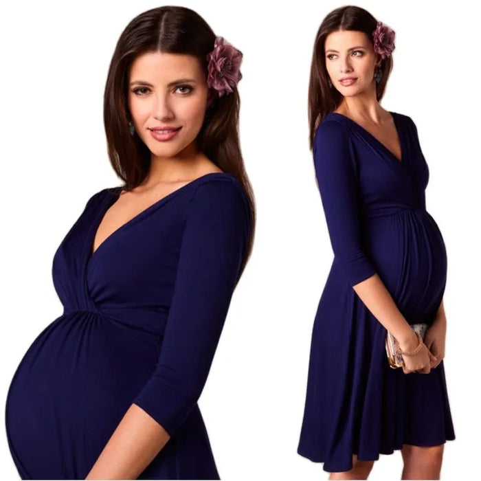 Dresses For Women Pregnant Dresses Maternity V-neck Three Quarter Sleeve Pleated Beautiful Clothes Pregnancy Party Evening Dress