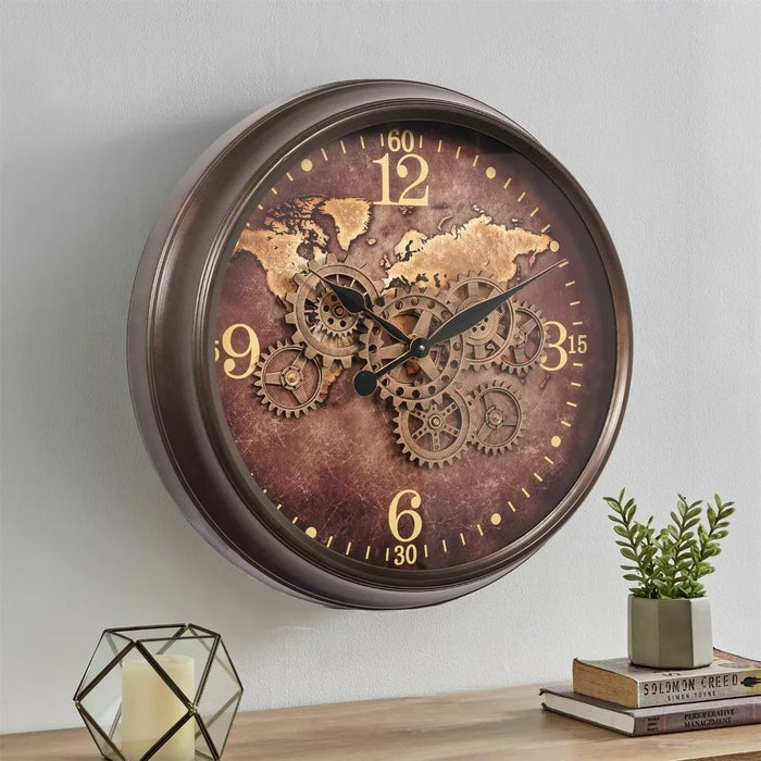 24 Inch Wall Clock with Moving Gears, Industrial Decor Clock, Oversized Silent Clock for Living Room, Oil Rubbed Bronze Brown