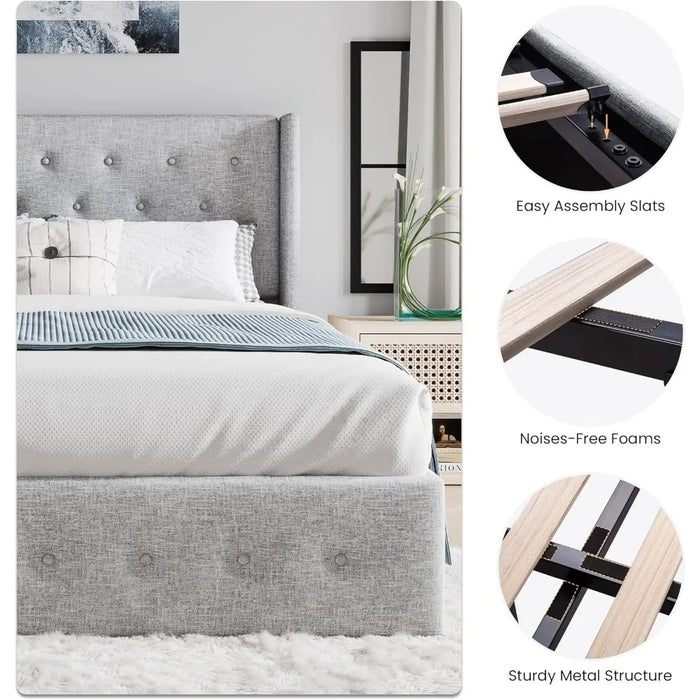 Queen Size Lift Up Storage Bed Button Tufted Wingback Headboard Hydraulic Storage  Upholstered Platform Bed Frame