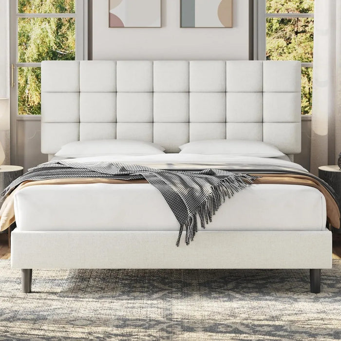 Queen Upholstered Bed Frame Platform Bed Frame with Square Tufted Fabric Headboard Height Adjustable, Wooden Slats Support Beige