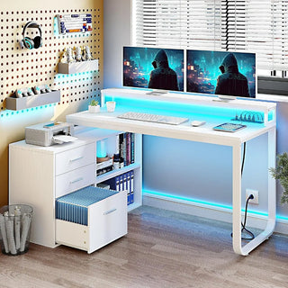 L Shaped Desk with Drawers, 55" Corner Computer Desk with Power Outlets & LED Lights, Home Office Desk with File Cabinet, White