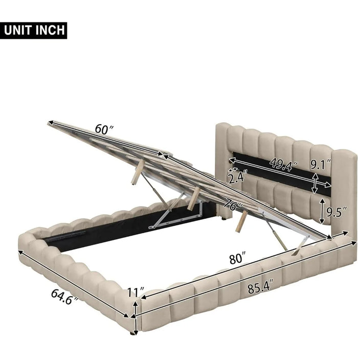 Large Linen Upholstered Platform Bed with LED Headboard, Wooden Slatted Support, Noiseless and Easy To Assemble