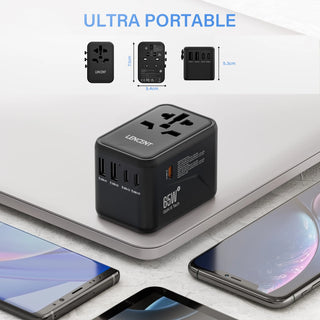 LENCENT 65W GaN Universal Travel Adapter with 2 USB Ports 3 Type C Fast Charging Power Adapter EU/UK/USA/AUS plug for Travel