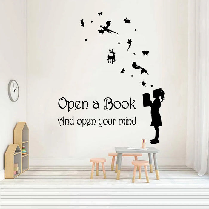 Reading Books Motivation Quotes Wall Sticker Library Bedroom Open Book and Mind Daycare Story Wall Decal Girl Room Vinyl Decor